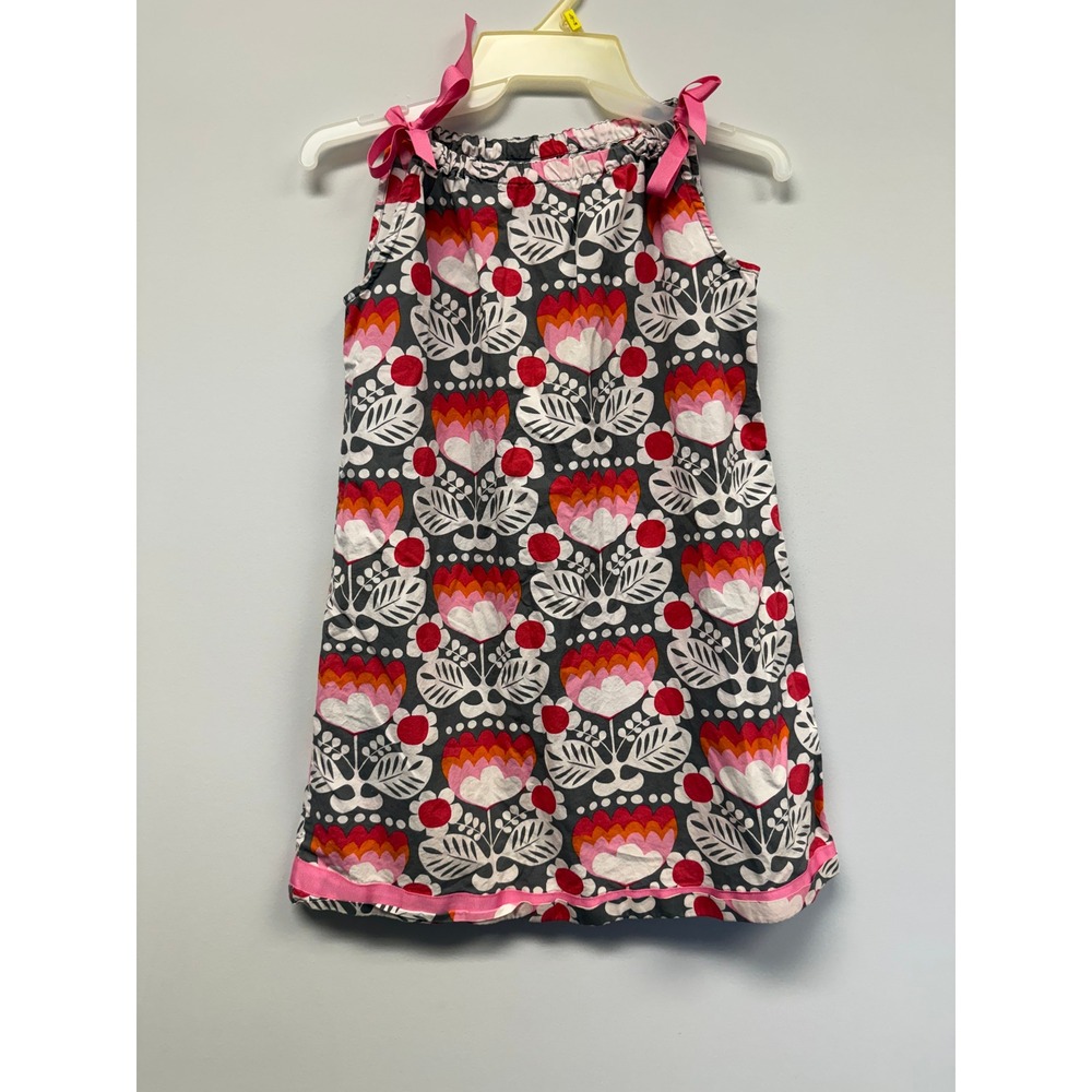 Hanna Andersson Girls Size 130 Floral Cotton Dress Pink Red Grey Ribbon Ties